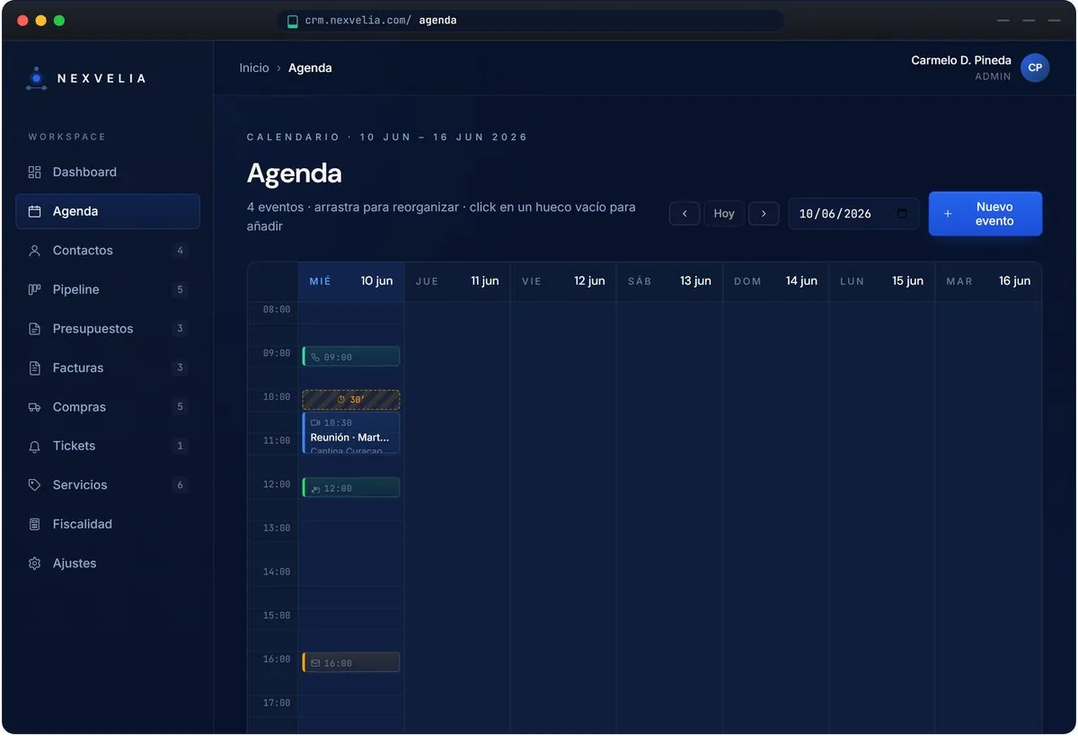 Vista de agenda semanal de Nexvelia One con citas y eventos