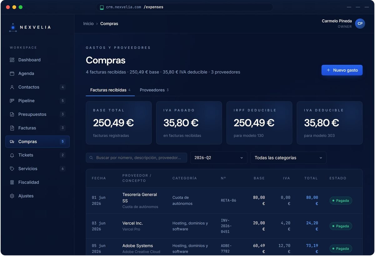 Módulo de compras y proveedores de Nexvelia One con IVA e IRPF deducible