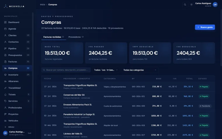 Módulo de compras y gastos de Nexvelia One con IVA e IRPF deducible