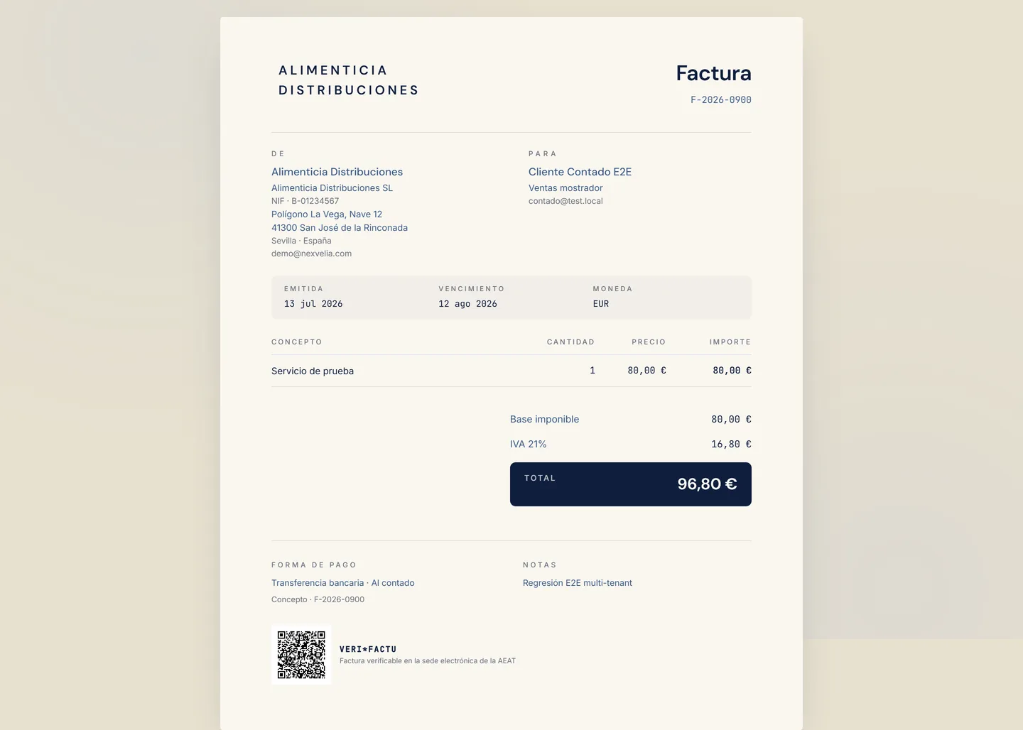 Factura de Nexvelia One con el código QR de Verifactu