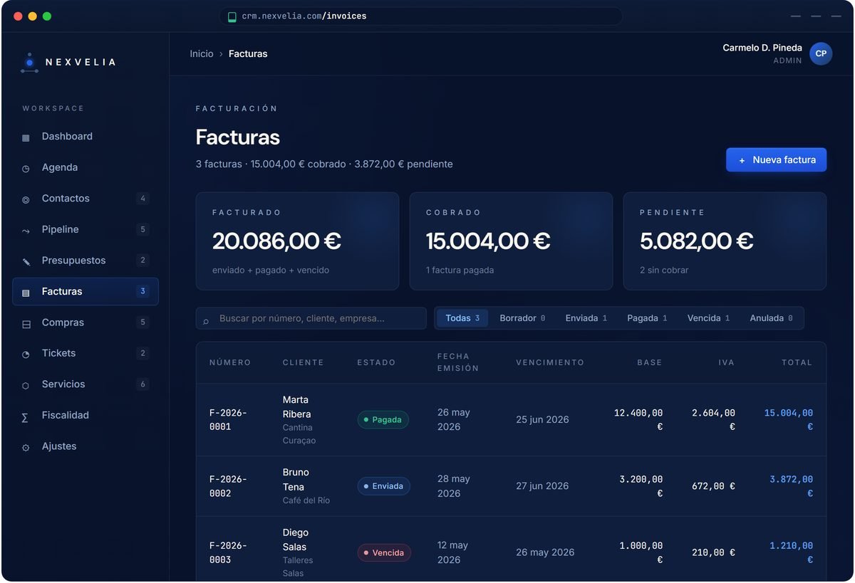 Listado de facturas de Nexvelia One con estados, importes y totales