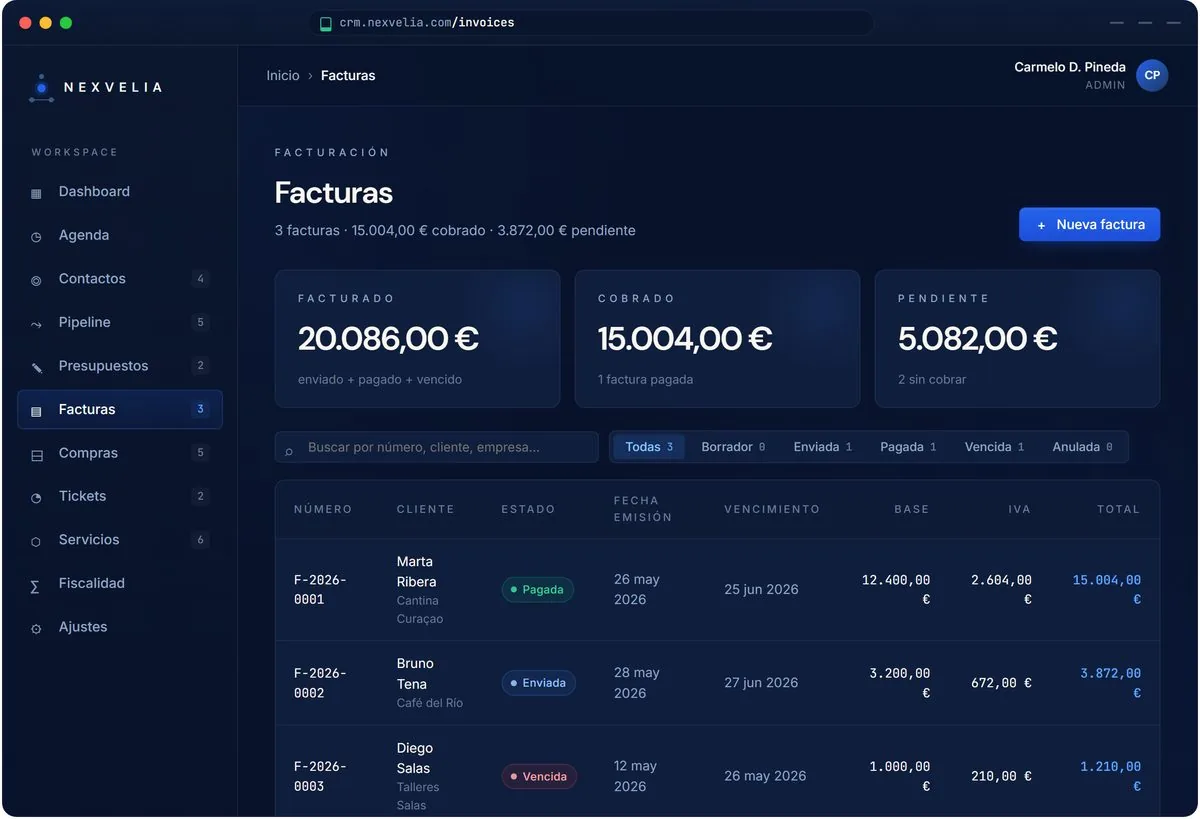 Listado de facturas de Nexvelia One con estados, importes y totales, homologadas con Verifactu