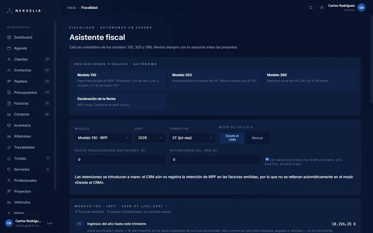 Asistente fiscal de Nexvelia One con los modelos 130, 303 y 390 calculados