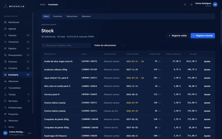 Inventario multi-almacén de Nexvelia One con stock por ubicación