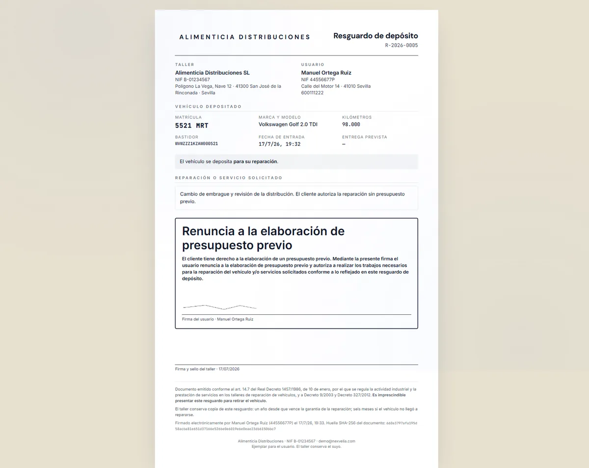 Resguardo de depósito impreso por Nexvelia One con el recuadro de renuncia al presupuesto previo, la firma del cliente y la huella SHA-256 al pie