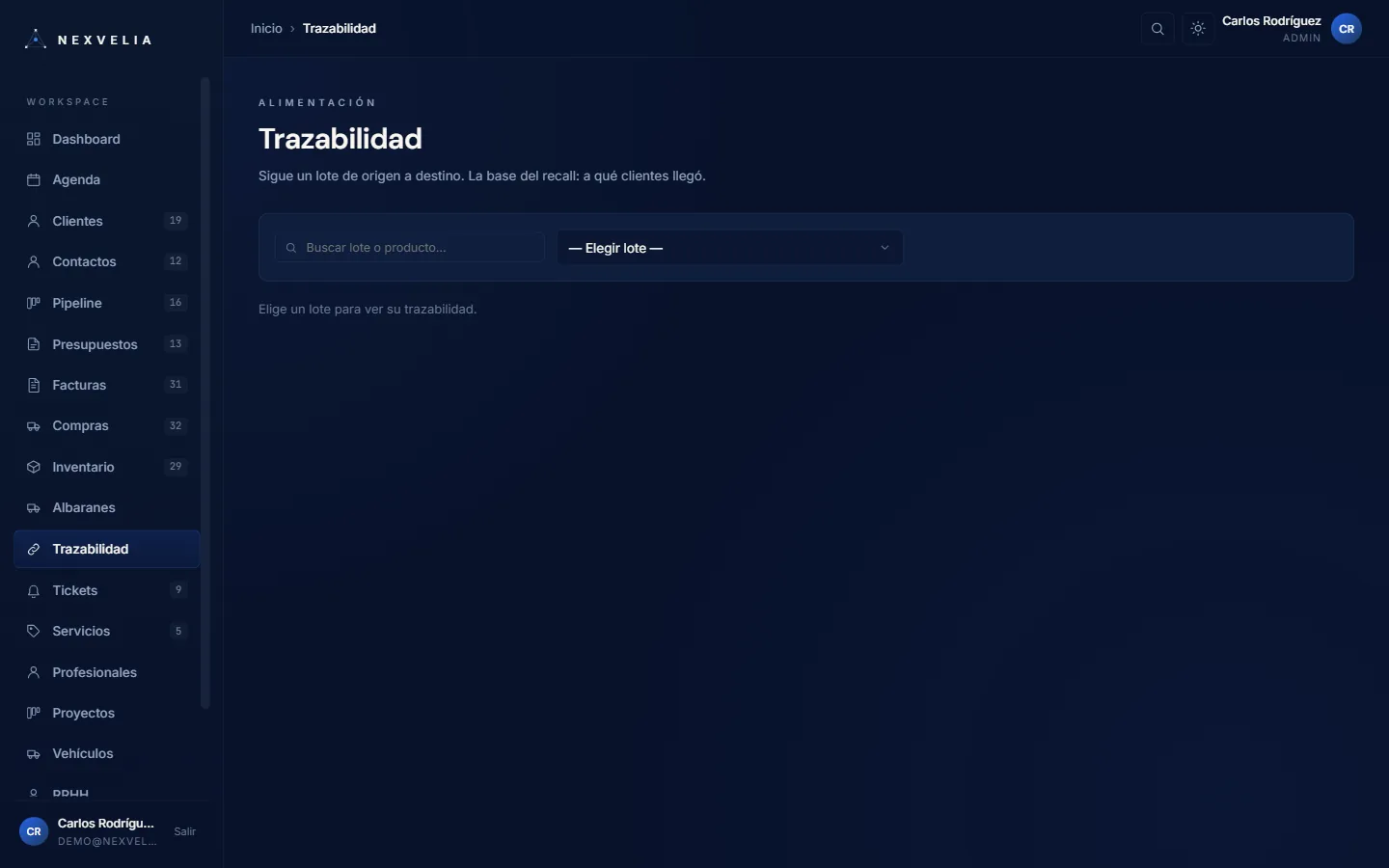 Módulo de trazabilidad de Nexvelia One con lotes, caducidades y el recall aguas arriba y aguas abajo